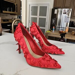 Gianni Bini Red Serena Satin Mini Bows Pointed Toe Pumps